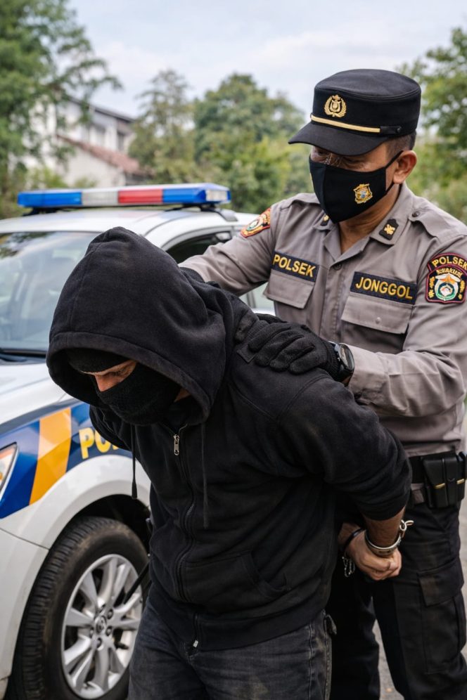 
 POLSEK JONGGOL BERHASIL AMANKAN PELAKU PENCURIAN SPESIALIS INSTALASI TOWER BTS